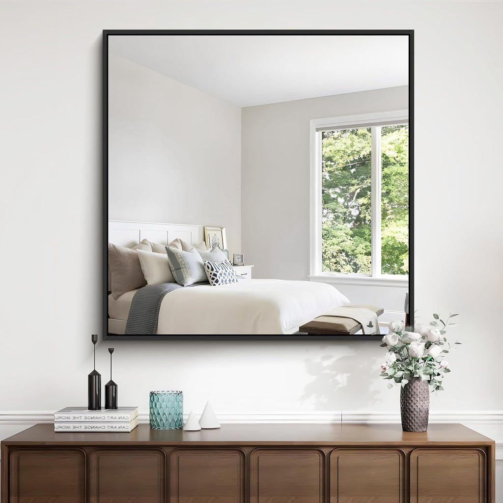 Black Bathroom Mirror for Wall, 30x30 Inch Rectangle Mirrors with Metal Frame, Modern Vanity Wall Square Mirror for Bathroom Living Room, Entryway Hangs Horizontal or Vertical