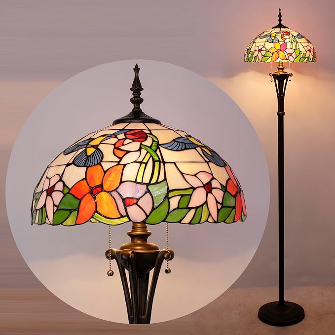 Tiffany Floor Lamp Amber Hummingbird Stained Glass Standing Reading Light 16X16X70 Inches Antique Pole Corner Lamp Decor Bedroom Office Living Room