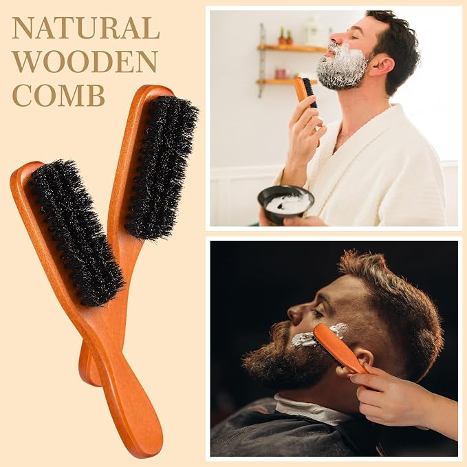 10 Sets Natural Boar Bristle Brush, Pear Wood Dual Sided Wide Tooth Comb with Travel Pouch - Beard Grooming Kit for Men's Beard Care, Valentine Gift (Long Handle)