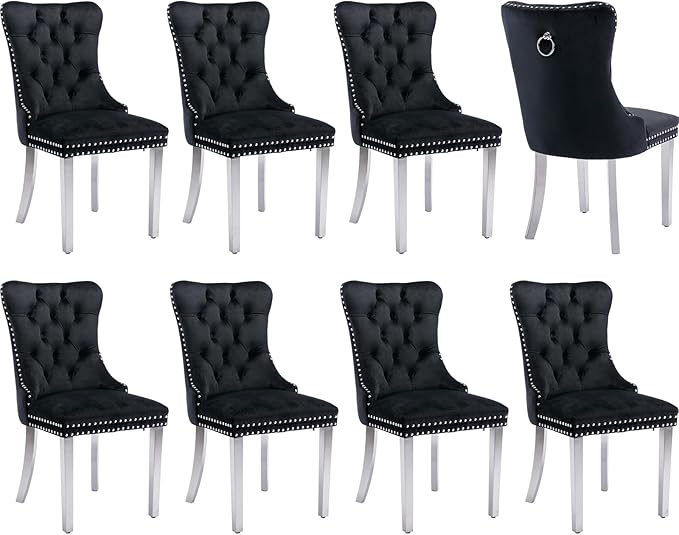 Luxury Upholstered Dining Chairs Set of 8, Black Kitchen Chair with Silver Metal Legs, Velvet Tufted Back Dining Chair, Sillas de Comedor, Modern Kitchen & Dining Room Chairs (Black, 8 Pcs)