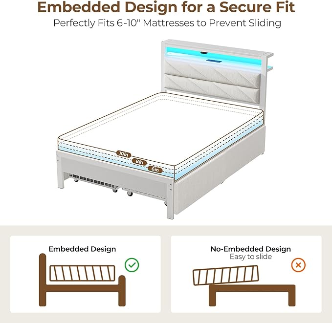 Seventable Twin Bed Frame with 4 Storage Drawers, Charging Station & LED Lights, Upholstered Headboard with 2-Tier Shelves, Metal Platform Bed, No Box Spring Needed, Noise-Free, White