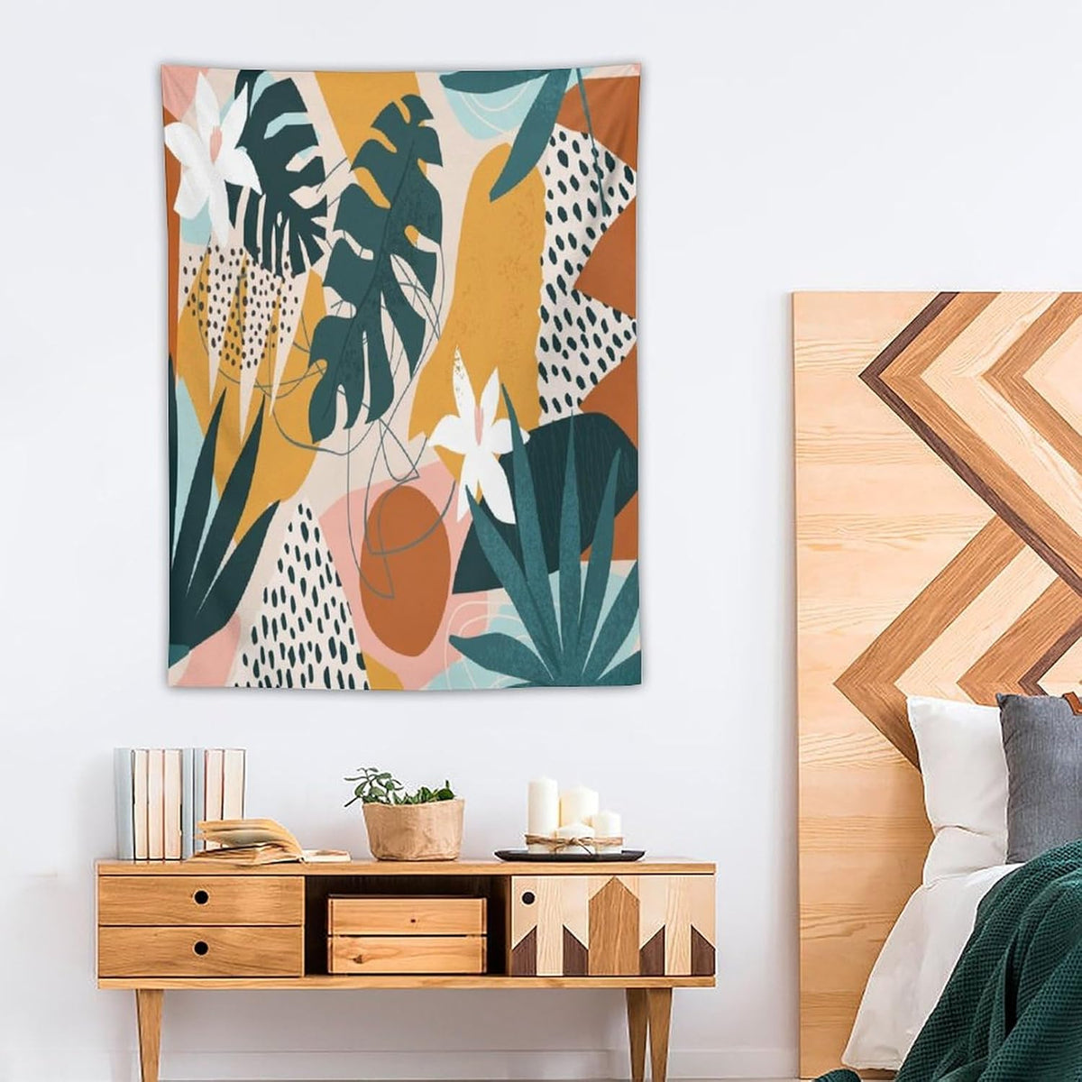 Abstract Bohemian Mid Century Tapestry, Tropical Leaves Modern Geometric Archway Minimalist Bohemian Botanical Aesthetic Wall Hanging, Sage Green Gold Home Decor Art for Bedroom 60x60 Inch