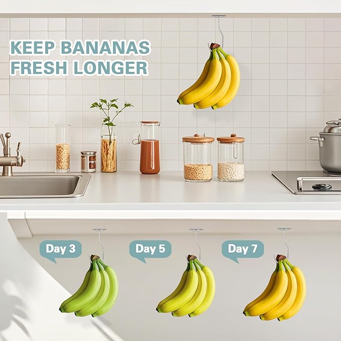 Banana Hanger Hook – Space Saving Banana Holder Hanger to Keep Bananas Fresh, Self Adhesive and Screw Banana Hook 3Pack Silver