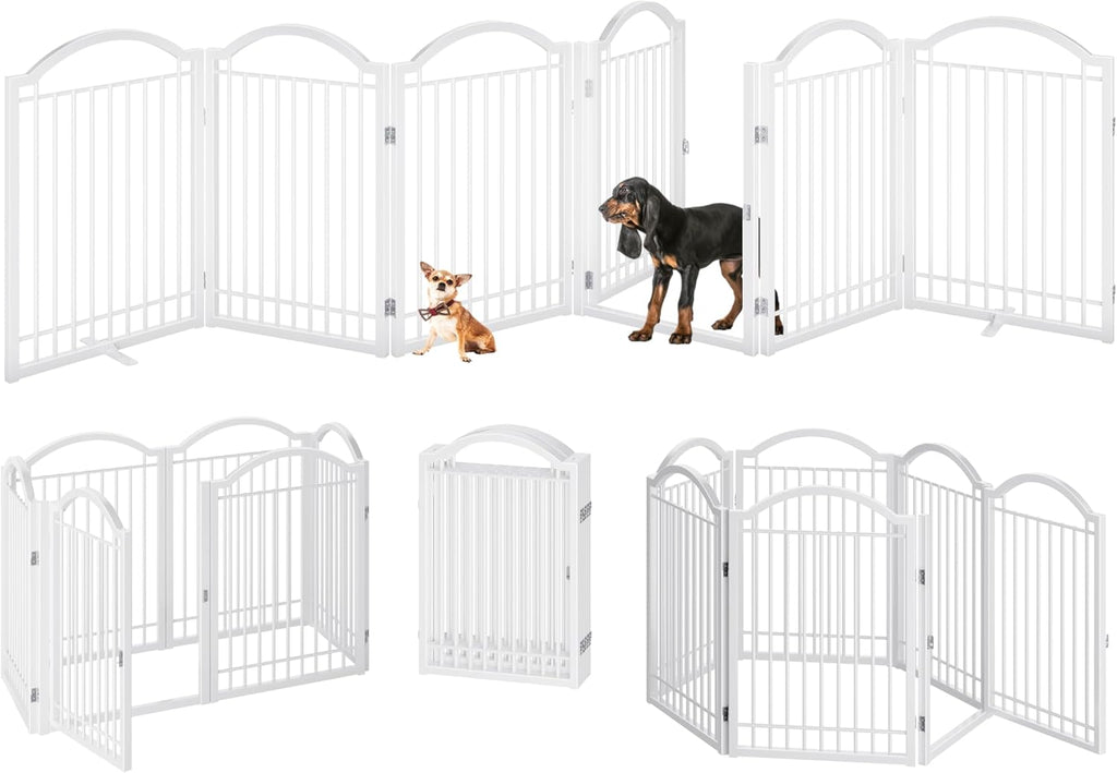 BHG Metal No-Assembly Freestanding Dog Gate with Door Walk Through, Extra Wide 144", Extra Tall 32" Pet Gate, Accordion Puppy Folding Playpen Dog Fence, with 2PCS Support (White, 6 panesl)