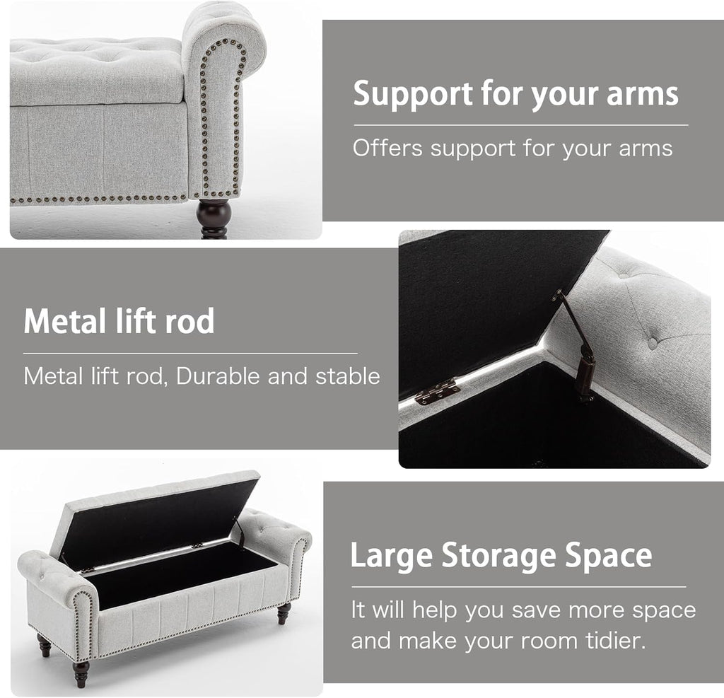 58’’ Storage Bench for Bedroom, Upholstered Button-Tufted Ottoman with Solid Wood Legs, Queen Size End of Bed Shoe Cabinet, Window Seat Foot Rest Stool for Entryway, Living Room (Silver)