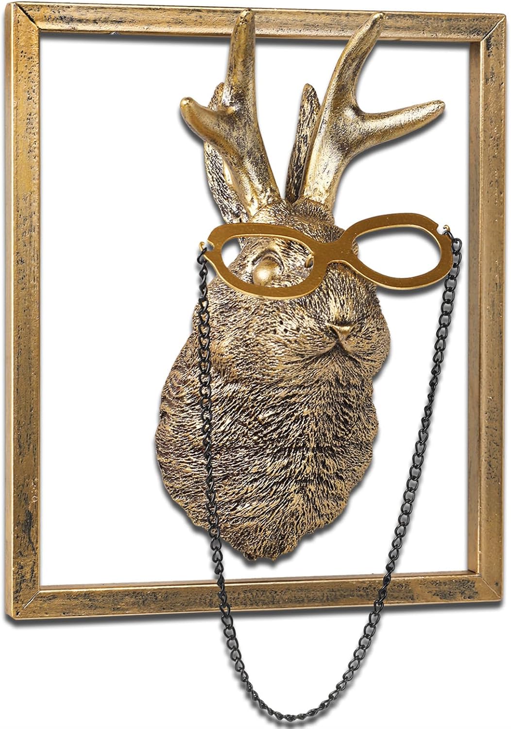 Animal Heads Wall Decor (Includes Metal Frame) Resin Animals Sculptures Head Wall Hanging Decoration Gold vintage Wall Sculpture for Living Room Bedroom Office(Jackalope)