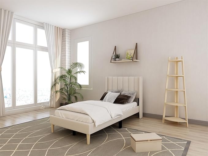 Low Profile Upholstered Platform Bed,Twin Beds with Beige(Linen)