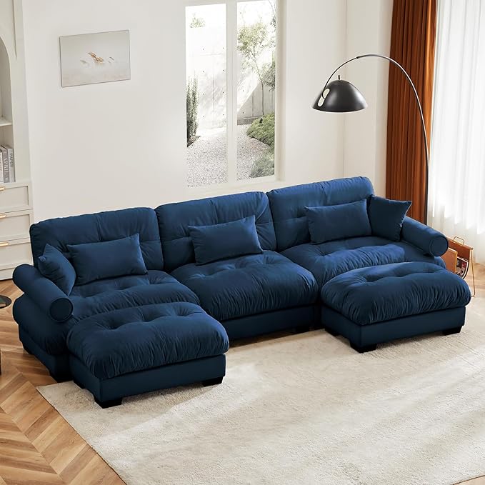 130" Oversized 3 Seater Modular Sectional Sofa, Blue Large U Shaped Couch for Living Room, Fluffy Velvet Cloud Set With Ottoman