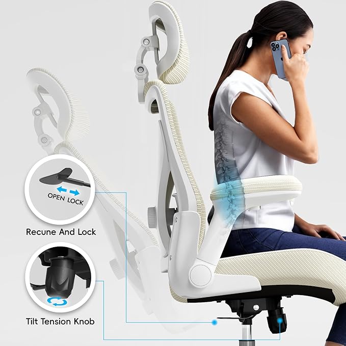 Office Home Ergonomic Desk Chair-Computer X-Shaped Chair Mesh PU Leather with Adjustable Lumbar Support-Executive Chair High Back with Headrest Flip-Up Arms for Long Hours (Beige)