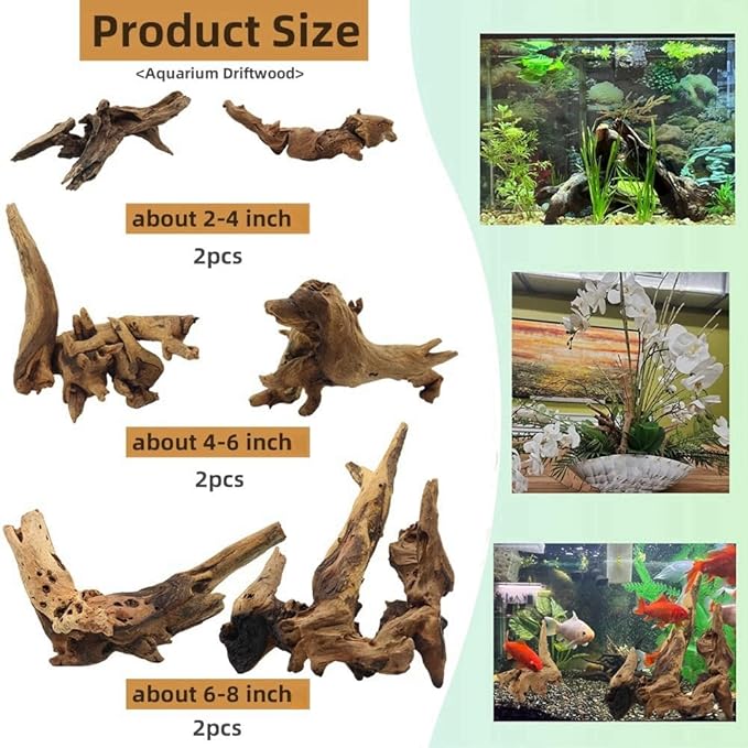 Driftwood for Aquarium Decor, Fish Tank Decor, 6 Pcs Reptile Branches, Drift Wood for Fishtank, Aquarium Hardscape, Crafts, Betta Fish Decor, Reptiles Driftwood Branch (Driftwood 2-8 Inch (Pack of 6))