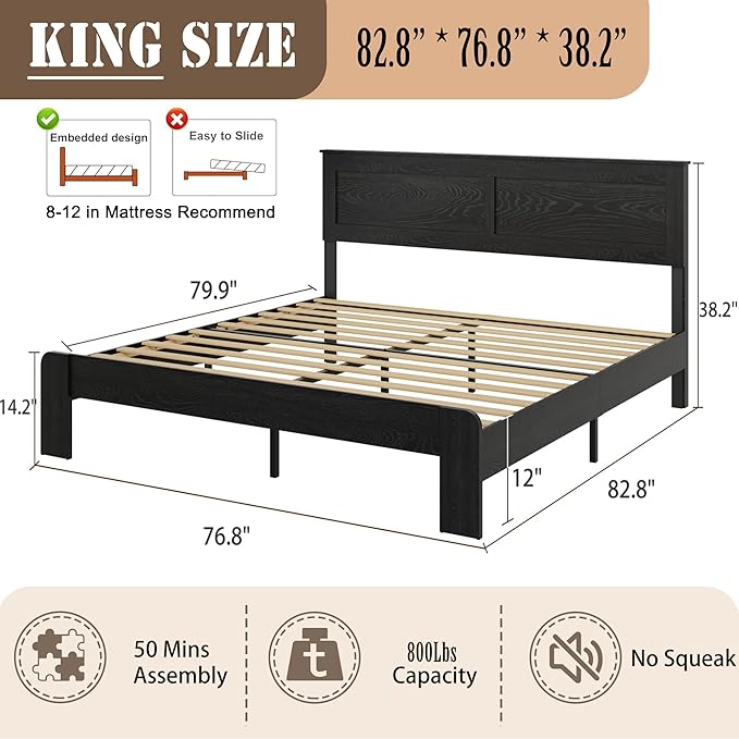 Wooden Bed Frame King Size with Headboard, Farmhouse Platform Bedframe with Wood Slat Support, Sturdy Framework Bed Frame, Easy Assembly (Rustic Black)