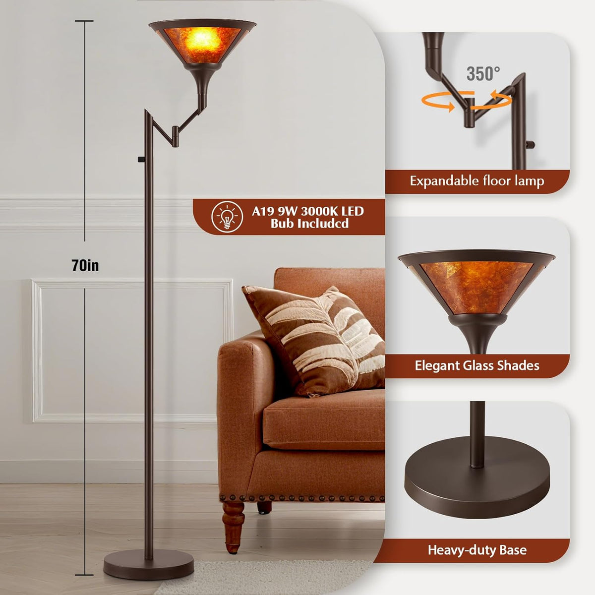 Floor Lamps for Living Room - 70" Brown Torchiere Standing Floor Lamp with Adjustable Swing Arm - Tall Corner Lamp Decor for Bedroom with Mica Shade LED Reading Light for Home Office