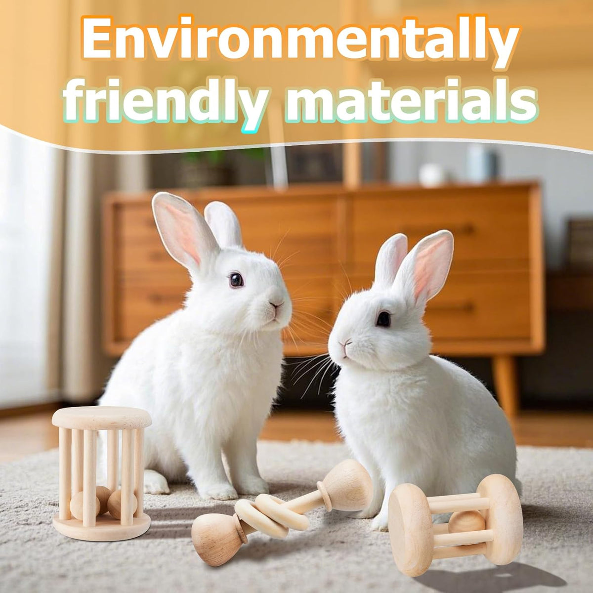 3 Pcs Natural Wooden Bunny Toys, Safe Rabbit Toys for Guinea Pig Chinchillas Hamsters Small Animals Playing Teeth Grinding Indoor Outdoor