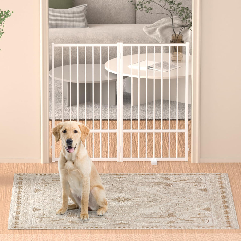 Full Metal Freestanding Dog Gate with Door, 36''Height Foldable Pet Dog Fence for Indoor & Outdoor, 2 Panels Extra Wide Free Standing TallDog Gates for Doorways,House,Stairs,Porch,Deck,Yard