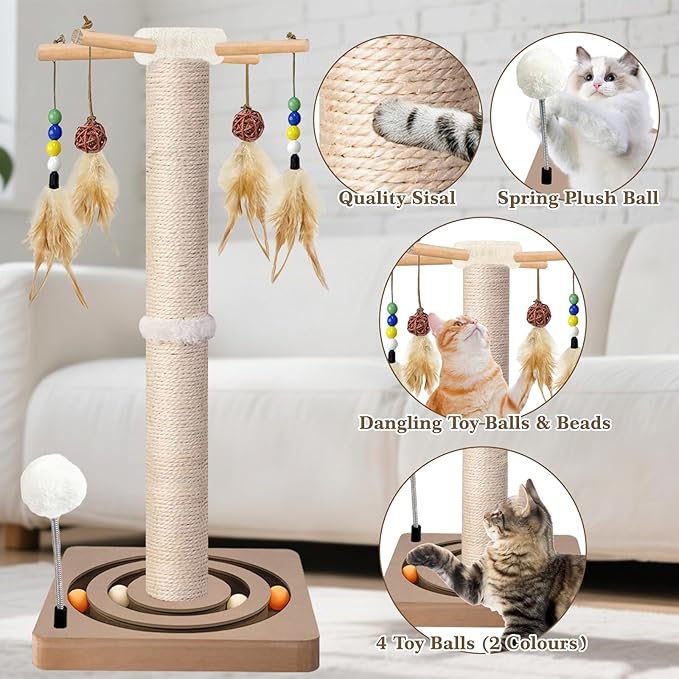 Tall Cat Scratching Post, 33 Inches, Sisal, Interactive Furniture Toys for Indoor Cats Adults, 2 Mounting Methods Large Scratcher Tree Tower with Hanging and Ball Track, Activity Center for All Ages