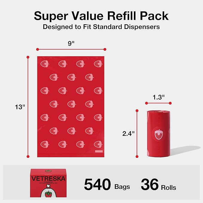 VETRESKA Strawberry Scented Dog Poop Bags, Leak Proof, Extra Thick and Large Pet Waste Bags for Dogs Walking and Cat Litter, 36 Refill Rolls, 540 Bags, Red