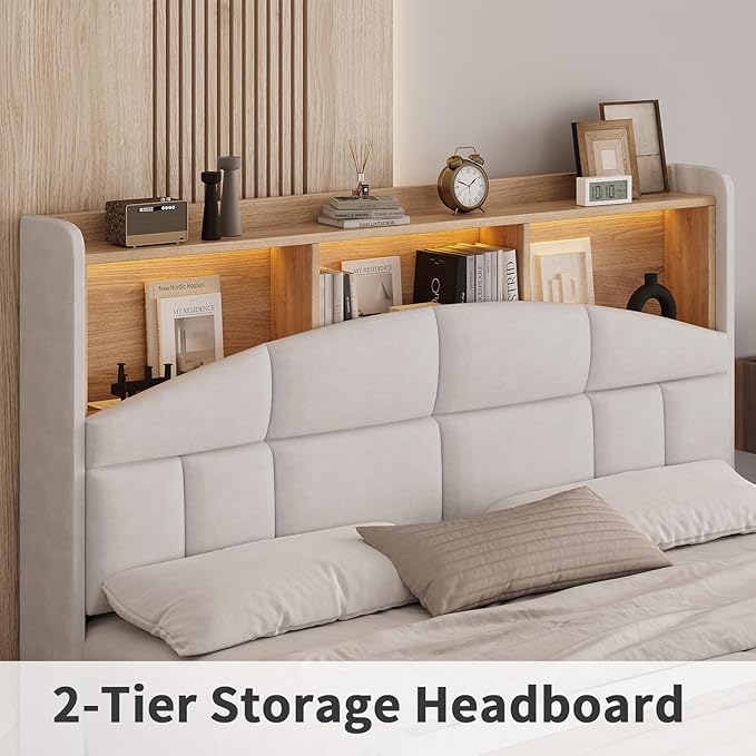 Full Size Bed Frame with Headboard, Velvet Upholstered Bed Frame with LED Lights, Full Size Platform Bed with Wooden Slats Support, No Box Spring Needed, No Noise, Beige