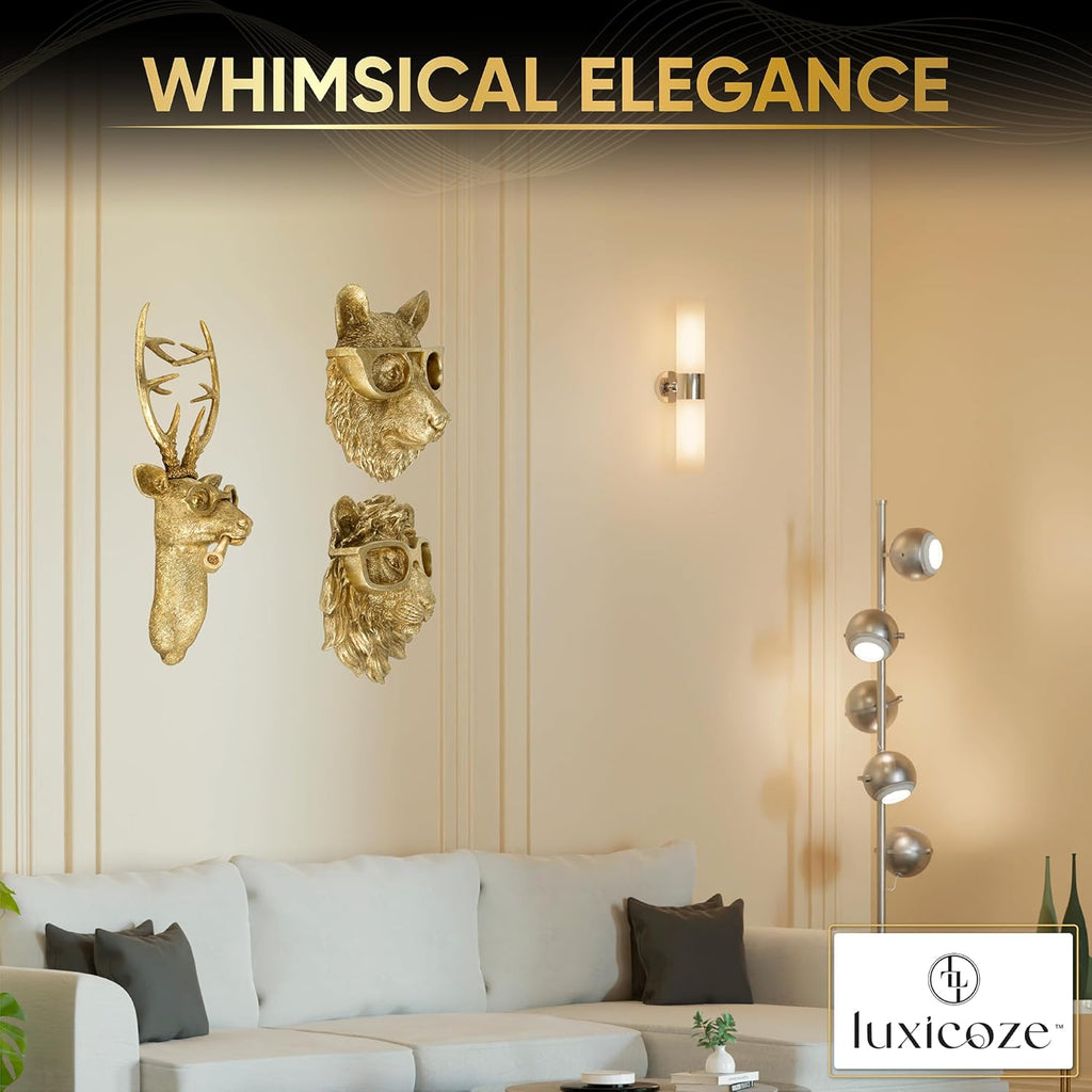 Luxicoze Gold 3pcs Animal Heads Wall Decor - Victorian-Style Lion Head, Bear Head, and Deer Head Wall Mount Decor, Adorned with Spectacles, Resin Home Decor Sculptures for Artistic Living Rooms, Animal Statue.