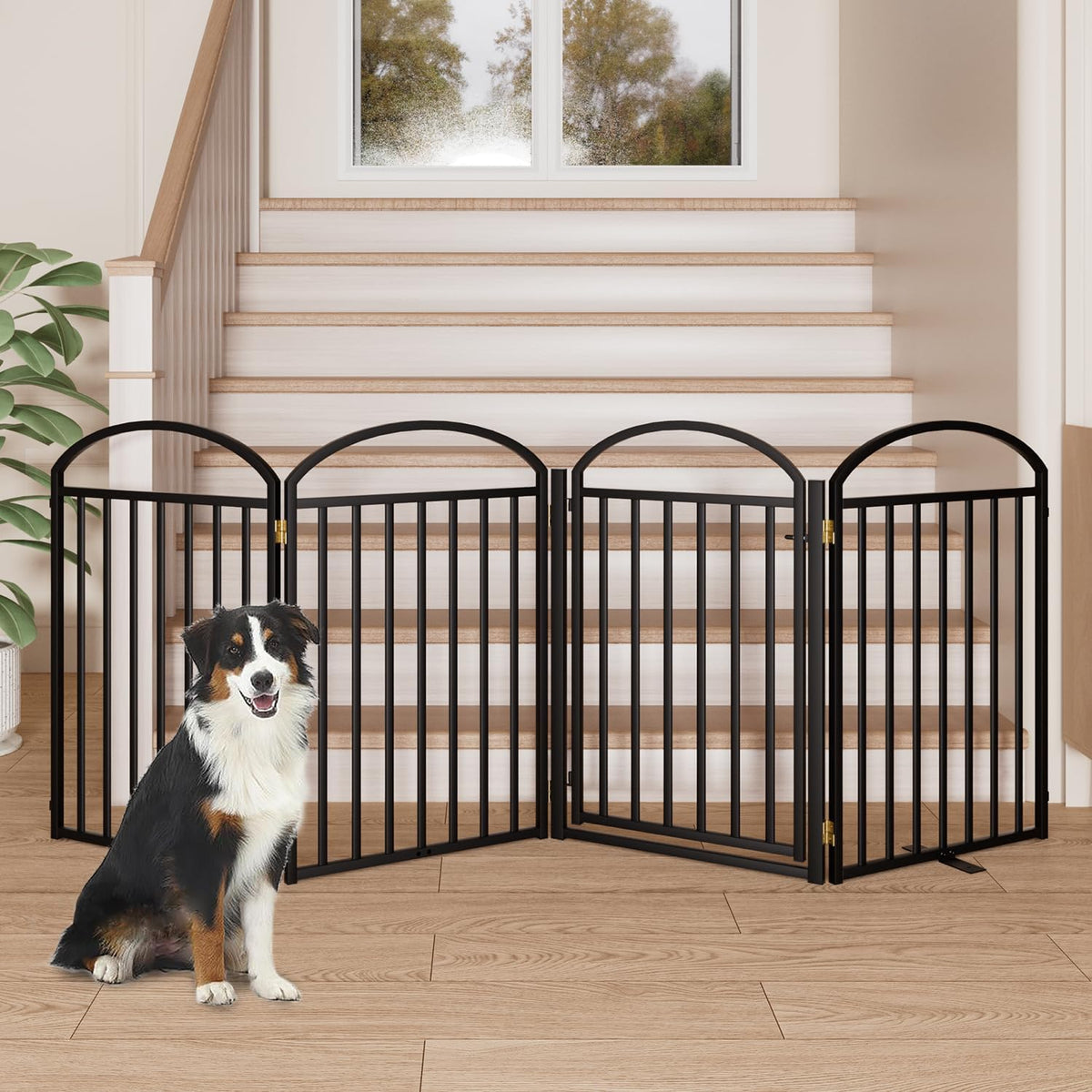 4 Panles Full Matel Freestanding Dog Gates with Door, 96"Extra Wide 32"Tall Free Standing Dog Pet Gate for Indoor & Outdoor. Foldable Pet Fences for Doorways, House, Stairs, Porch, Deck, Yard
