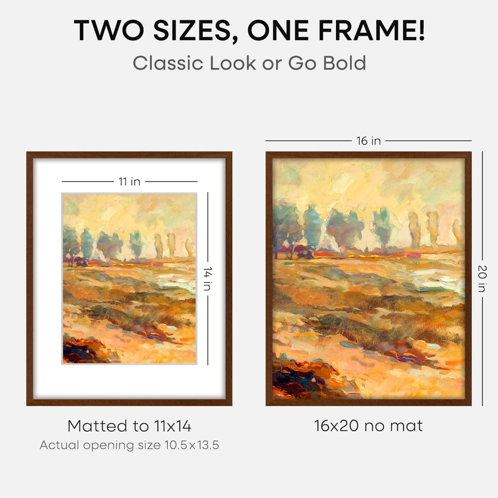 Homeforia 16x20 Picture Walnut Frame, High End Dark Oak 16x20 Wooden Brown Frames with Mat 11x14, 16 x 20 Wood Poster Frame Matted to 11 by 14, 20x16 Hanging Frames, Tempered Glass, Wall Kit, Set of 1