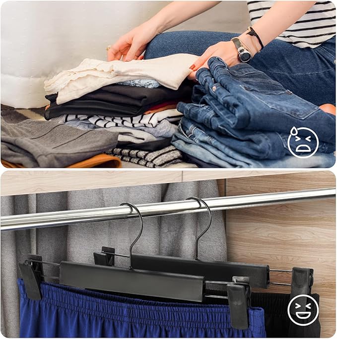 Clothes Pants Hangers, Space-Saving Skirt Holders with 360 ° Swivel Hooks, Adjustable Clips, Trouser Hangers, Clothes Coat Garment Jeans Hangers (30 Pack, Black)