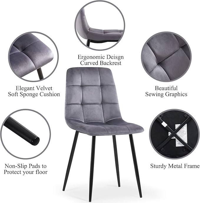 NORDICANA Grey Velvet Dinner Chairs Set of 2, Modern Armless Dining Side Chairs with Metal Legs for Kitchen Living Room Vanity