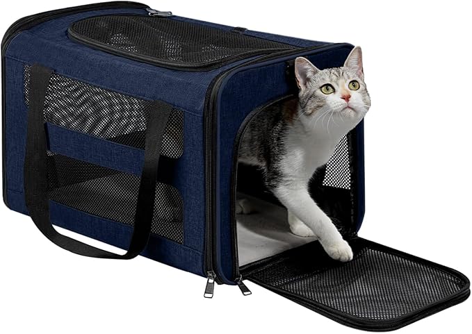 Cat Carrier Soft-Sided 18x11x11 Inch Travel Bag for Medium Cats Over 15lbs, Small Dog Carrier Crate Top Entry Breathable Mesh Puppy 12 Pounds, Pet Rabbit Carrying Cage Kennel Collapsible Navy