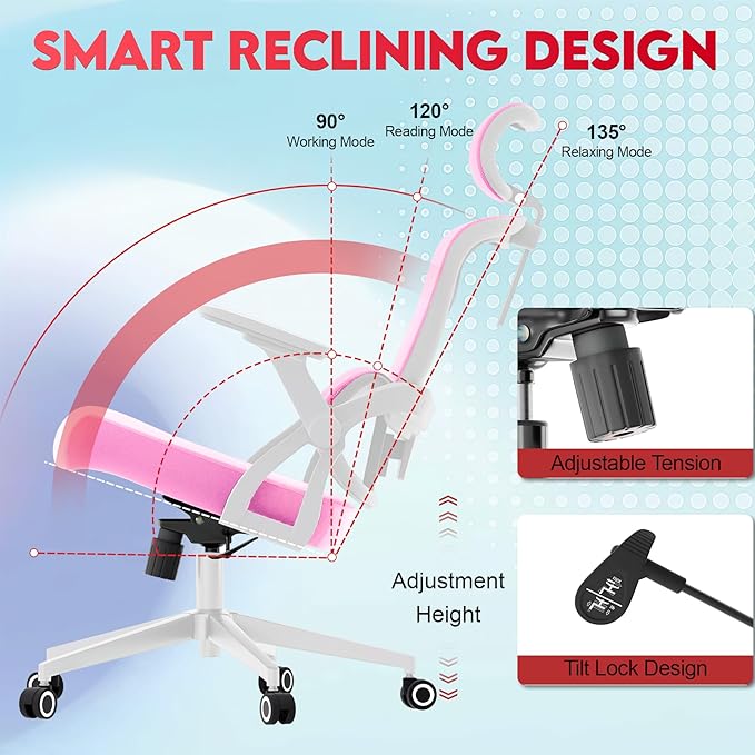 Ergonomic Office Chair - 400LB Comfy Desk Chairs with Adjustable Headrest and Lumbar Back Support, Mesh Computer Chairs with Wheels and Arms for Home Office, Study, Bedroom and Dorm (01pink)