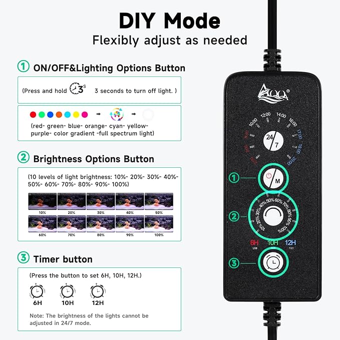 AQQA LED Aquarium Light, 24/7 Mode IP68 Waterproof Extendable Bracket Fish Tank Light, DIY Mode Full Spectrum Aquarium Plant Light, Adjustable Timer/Brightness Memory Function for 18-24 Inch Fish Tank