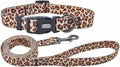 Dog Collar Leash Set, Leopard Pattern, Polyester Material, Adjustable Collar and 5ft Matching Leash, for Medium Dogs.(M, Light Coffee Leopard)