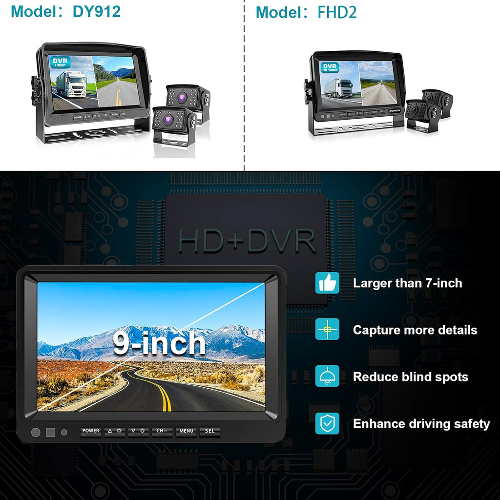 Fookoo ??HD 1080P 9" Wired Backup Camera System, 9-inch DVR Dual Split Screen Monitor, IP69 Waterproof Rear View Camera for Truck/Trailer/Box Truck/RV, Loop Record, Parking Lines (DY912)