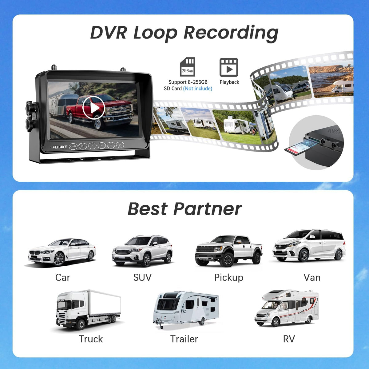 Magnetic Solar Wireless Backup Camera for RV Truck Trailer ??7" 1080P Monitor with Recording, 1-Min Install, No Delay, Wide View, IR Night Vision, 4 Channels, Auto-Sleep Rechargeable Rearview Camera