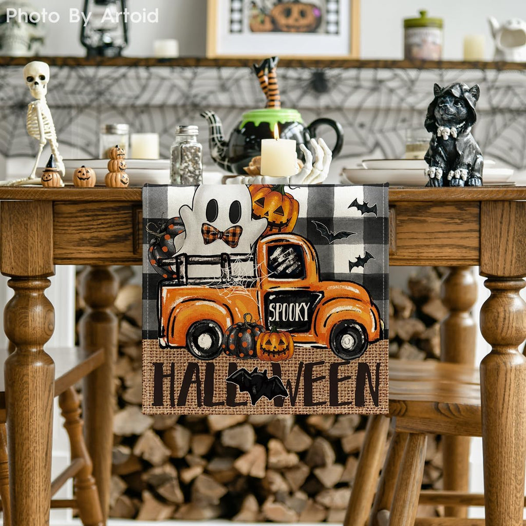 Artoid Mode Buffalo Plaid Bat Pumpkin Ghost Truck Spooky Halloween Table Runner, Sensonal Kitchen Dining Table Decoration for Home Party Decor 13x36 Inch