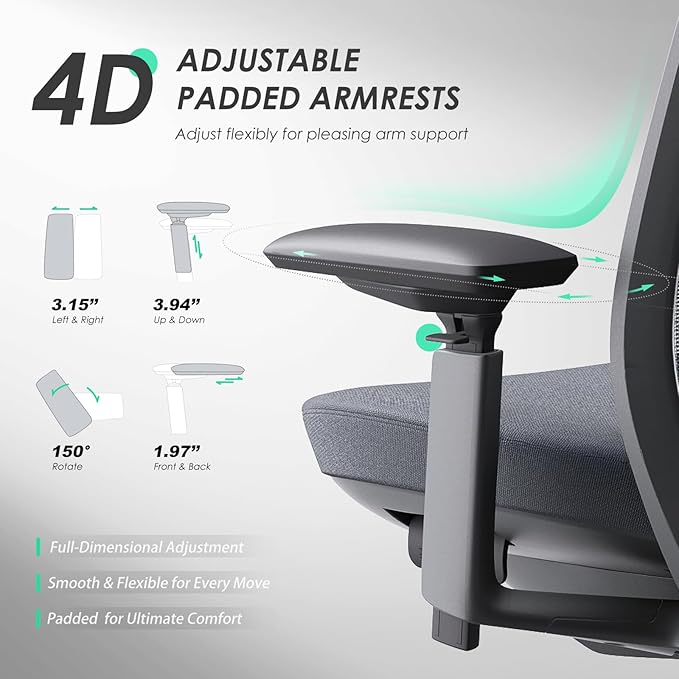 COLAMY Ergonomic Office Chair, High Back Computer Executive Desk Chair with Lumbar Support, Adjustable Headrest and 4D Arms, Slide Seat-BlackGrey