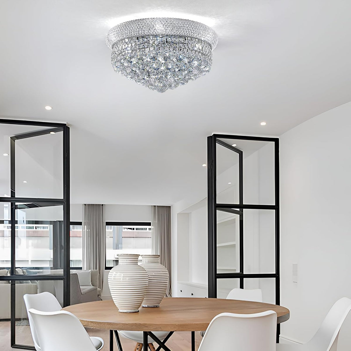 7-Light Crystal Flush Mount Chandelier Ceiling Light Fixture for Living Room Dining Room Bedroom Foyer Entryway Hallway Closet Bathroom (Chrome D18)
