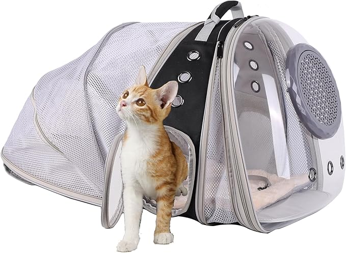 Dual Expandable Cat Backpack with Bubble Dome, Large Cat Carrier Space Capsule Clear Window, Fits up to 20 Pounds Fat Cat, Small Puppy and Bunny, Pet Travel Vet Bag