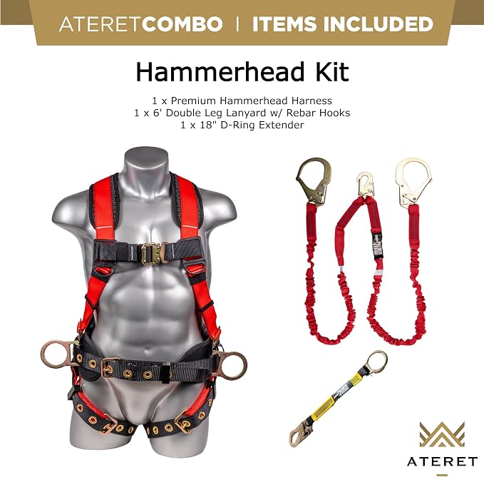 Fall Protection Hammerhead Kit I 5pt Safety Harness, 6' Double Leg Lanyard, 18" D-Ring Extender (Red - 2XLG)