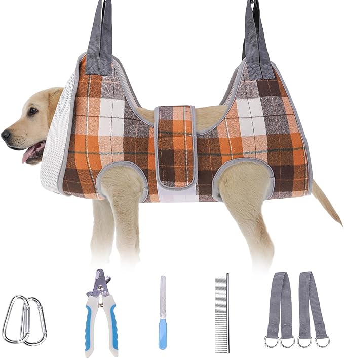 BEAUTYZOO Dog Grooming Hammock Harness for Nail Trimming - Adjustable Pet Restraint Sling for Small Medium Large Dogs/Cats - Secure Hanging Holder for Nail Clipping & Grooming (Orange Thanksgiving)