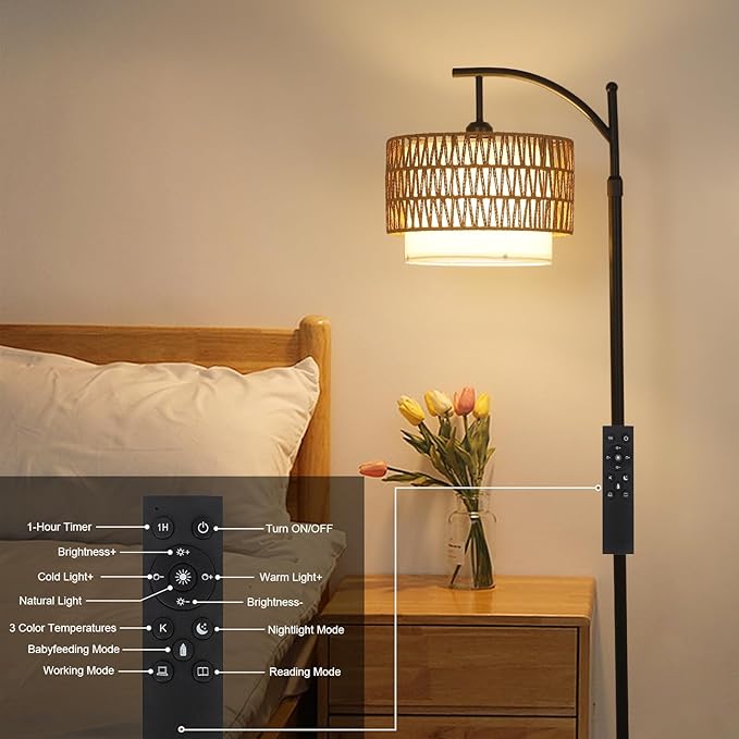 Arc Floor Lamp for Living Room with 3 Color Temperatures, Farmhouse Floor Lamps with Remote & Dimmable Bulb, Boho Standing Lamp with Rattan & Fabric Shades, Adjustable Tall Lamp for Bedroom, Office