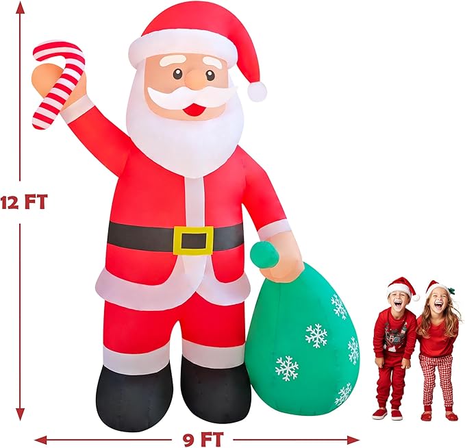 12ft Giant Santa with Gift Bag Christmas Inflatable Yard Decor Build-in LED Outdoor Blow up Christmas Decorations for Yard/Lawn/Garden (12ft Santa)