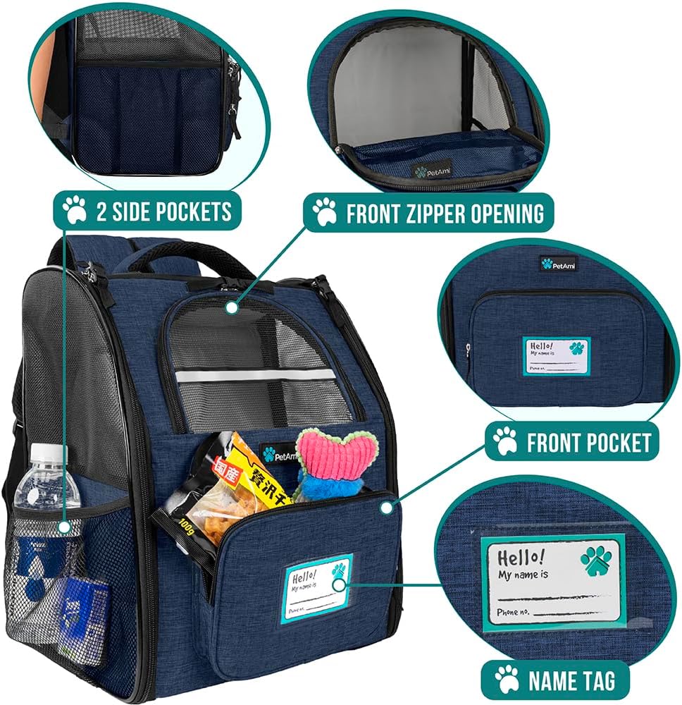 PetAmi Dog Backpack Carrier for Small Large Cat, Pet, Puppy, Ventilated Pet Hiking Backpack Travel Bag, Airline Approved Cat Backpack Carrier, Camping Biking Dog Bag Up to 18lbs Pet, Navy