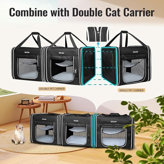 Petskd Combinable Pet Carrier for Large Cat or Medium Dog, 18"x17"x17" Large Cat Carrier for Car Travel, 2 Small Pet Soft Carriers with Food Bag, Bowl and Safety Locking Zippers for Vet, Camping