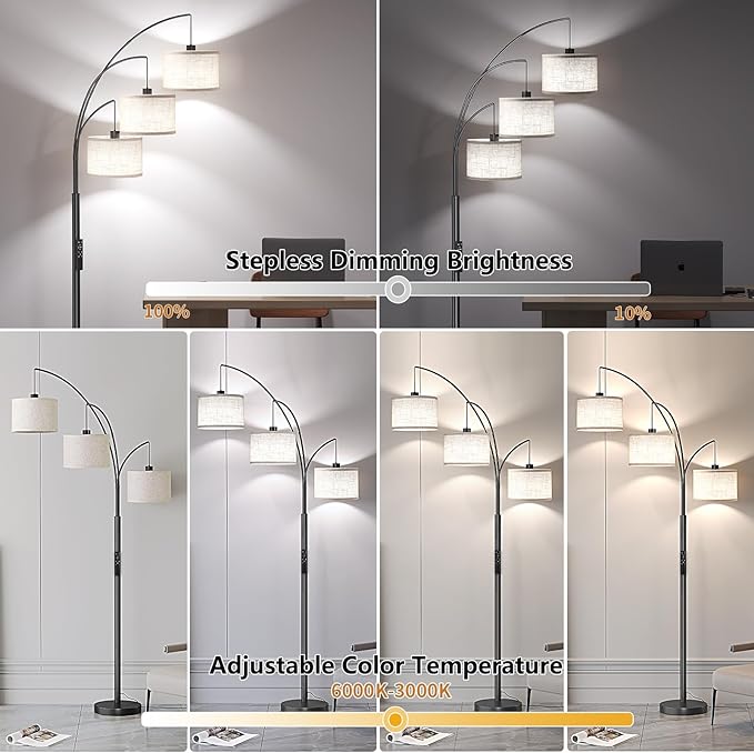 SUNMORY 3 Lights Floor Lamp with Remote Control and 3 Stepless Dimmable Bulbs, 78" Tall Standing Lamp with Hanging Drum Shade & Heavy Base, Modern Arc Floor Lamps for Living Room, Bedroom, Office