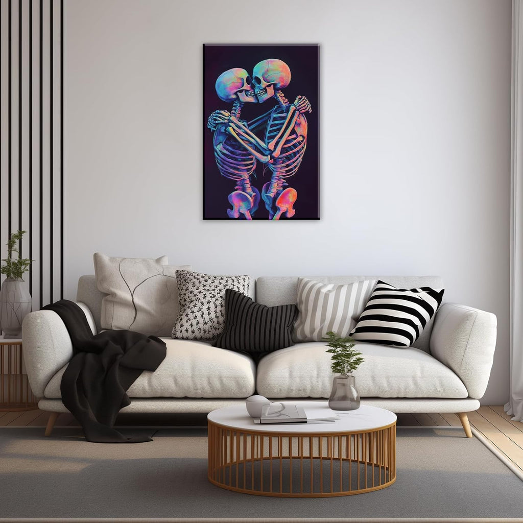 Skeleton Wall Art Kissing Skull Art Poster Skeleton Lover Picture Print On Canvas Abstract Horrible Theme Painting Framed Artwork Living Room Decor(Artwork-3,16"x24")