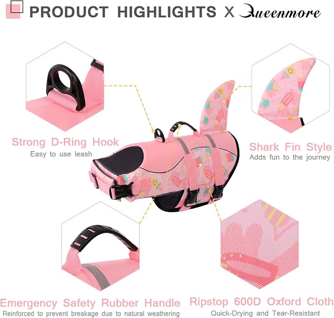 Dog Life Jacket High Flotation, Reflective Dog Life Vests for Swimming, Adjustable Dog Life Preserver Rescue Handle Spring Summer Pool for Small, Medium, Large Dogs (Pink Ice Cream,XXL)