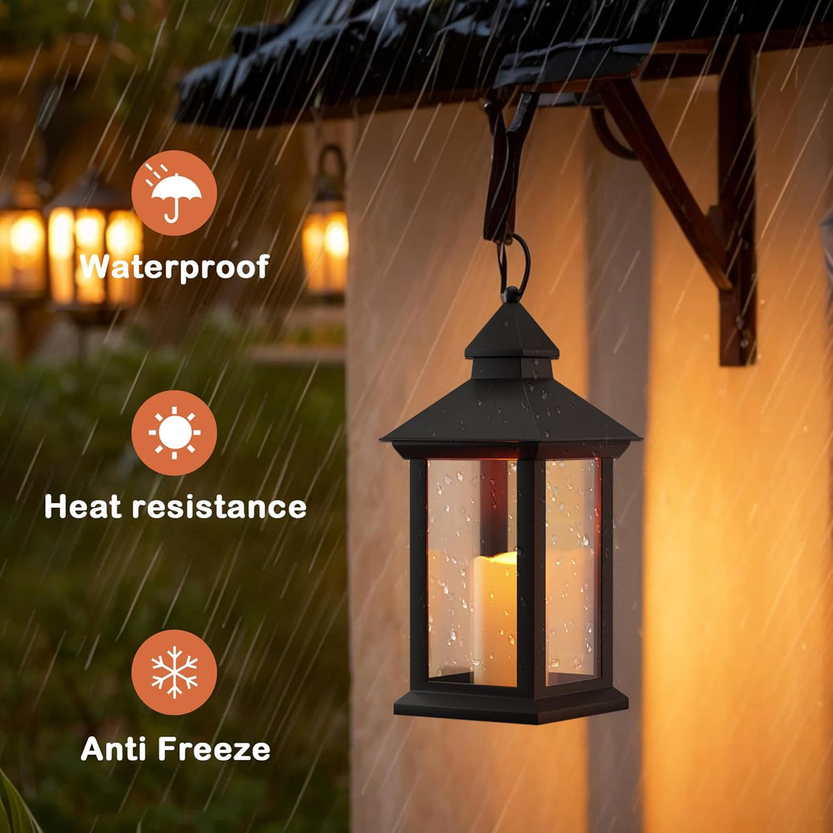 Lanterns Decorative Indoor, 2 Pack Black Outdoor Lantern with Timer, 14" Lantern Waterproof with Battery Operated Candle, Outdoor Hanging Lanterns for Porch, Patio, Wedding Decor
