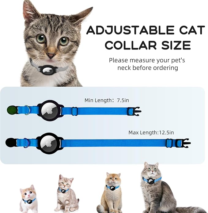 AirTag Cat Collars, Stretchy Collar with Apple AirTag Holder and Bell, Breakaway Ultra Design Elastic GPS Tracking Collars for Cats and Puppies, (7.5-12.5 Inch), Sapphire Blue
