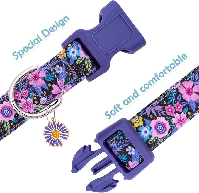 Faygarsle Cotton Dog Collar Cute Dog Collars for Small Medium Large Dogs Purple Floral Colored Options Soft and Fancy Pet Collars for Girls Flower Pattern for Girl Dog Collar M