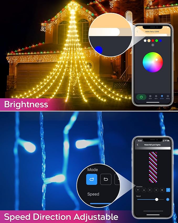 23FT Outdoor Christmas Decorations Star String Lights, Smart RGB Led Tree Lights Waterfall DIY Preset Scenes App Remote Control Large Unique Yard Lights for Outside Roof Home Xmas Holiday Decor