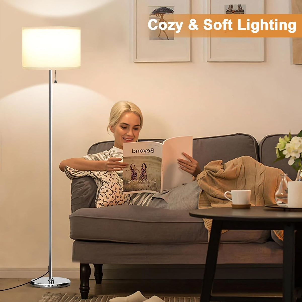 Ambimall Floor Lamps for Living Room with 3 Color Temperatures Bulb & Pull Chain Switch, 60" Modern Standing Floor Lamp for Bedroom Kids Room Study Room(White Shade & Silver Pole)